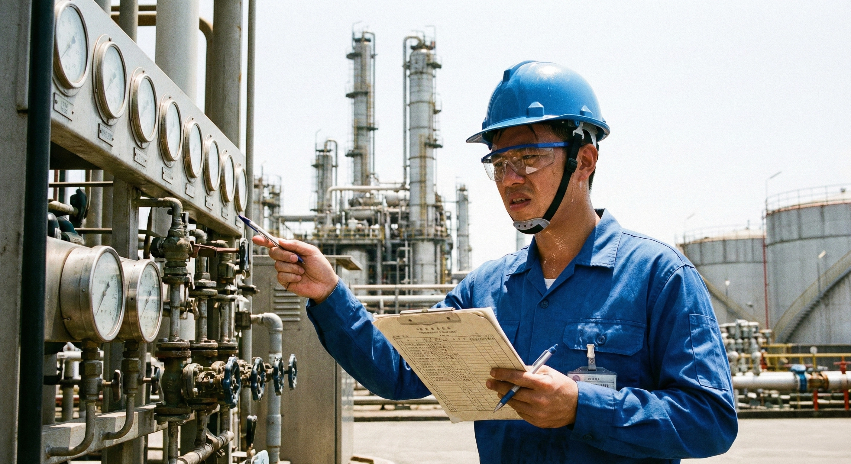 Engineer inspecting outdoor factory with a clipboard