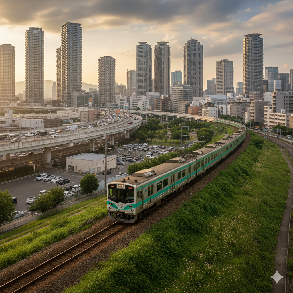 Train on tracks with city infrastructure background