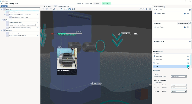 ADB軟體中的AIR_Weaver模組的介面，畫面中正在整合機台3D模型、步驟提示圖卡與步驟文字描述