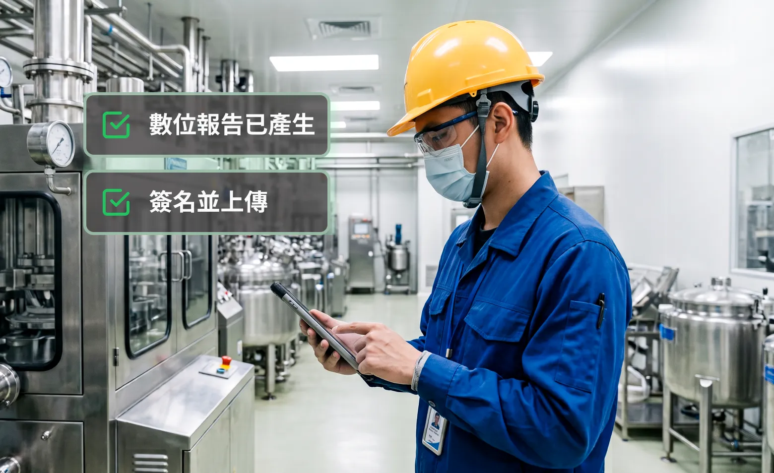 戴安全帽與口罩的巡檢人員在工廠機台前操作平板電腦，瀏覽數位報告。