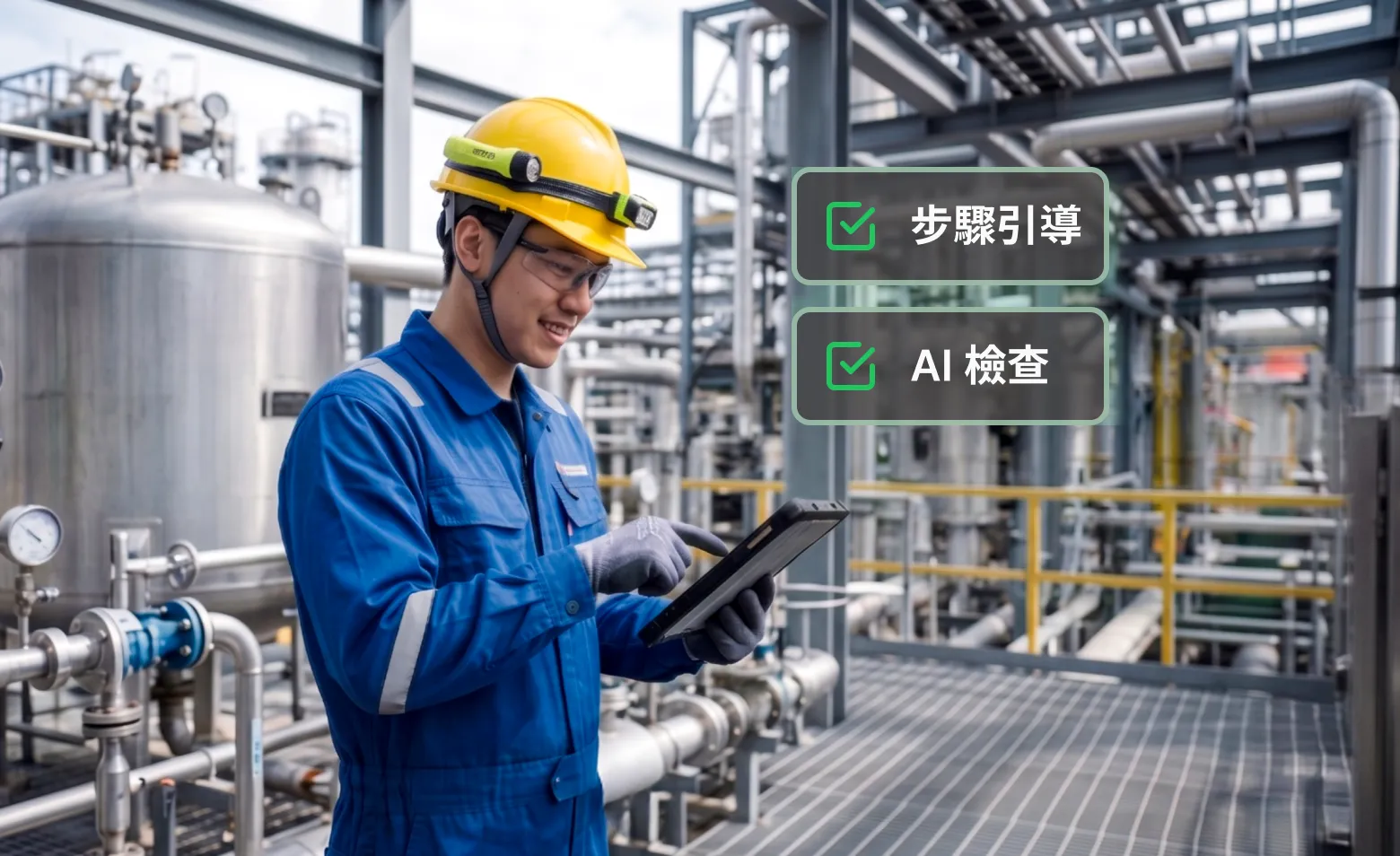 戴黃色安全帽的巡檢人員在工業廠區手持平板電腦