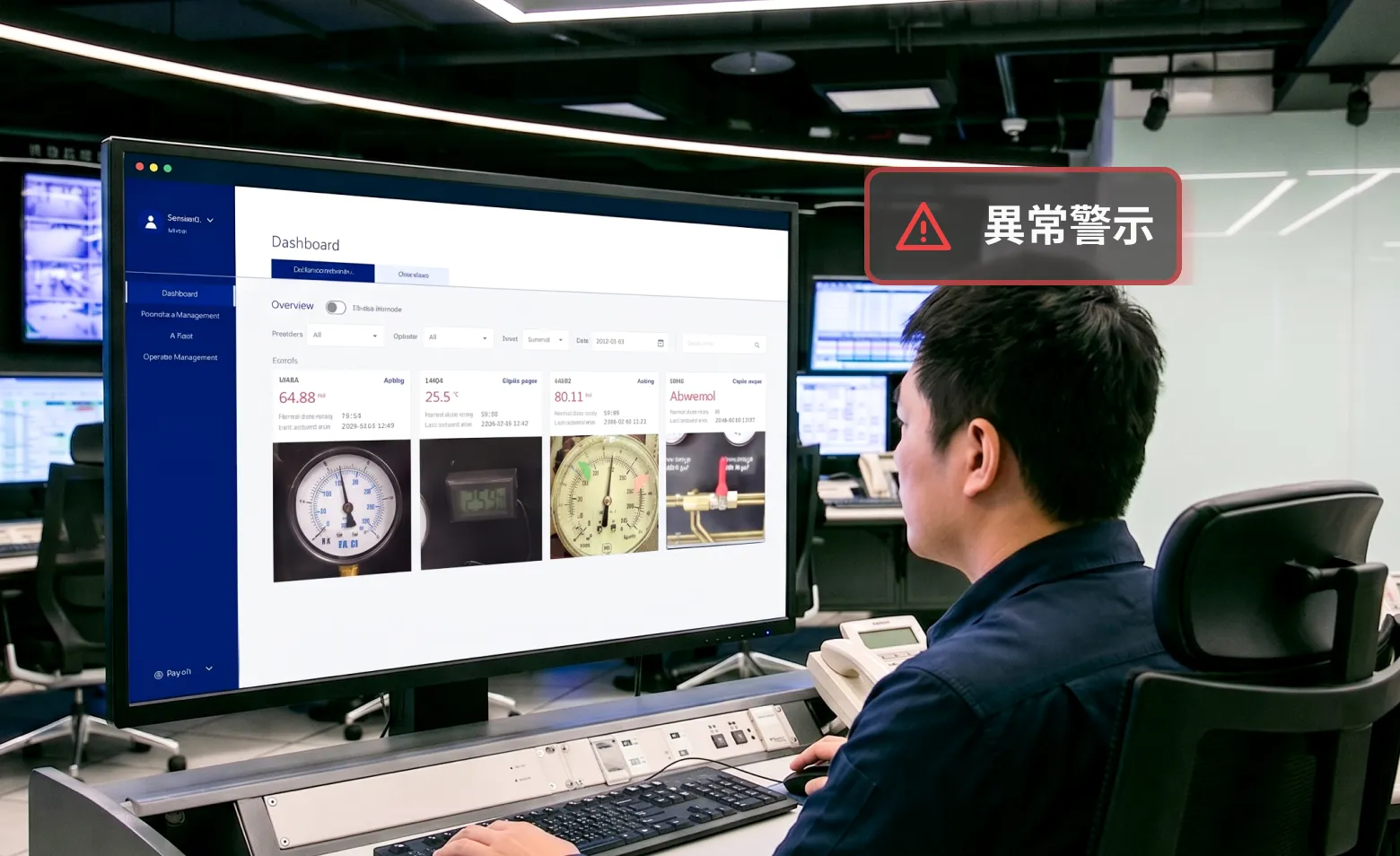 監控中心技術人員正在查看顯示儀表板與壓力表數據的電腦螢幕