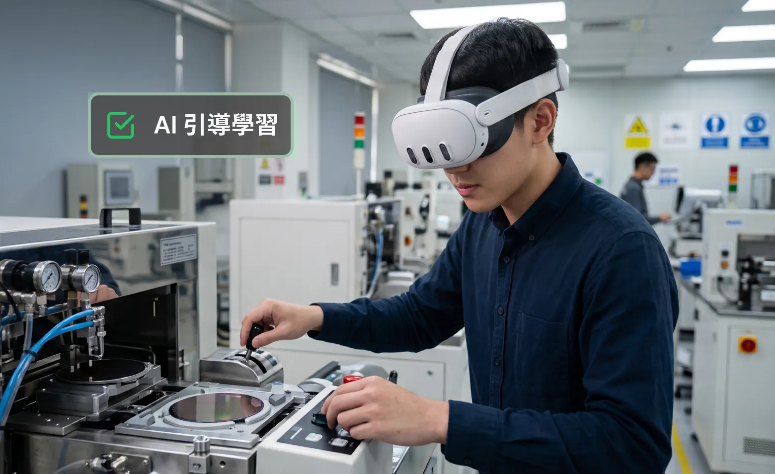 一位穿藍色襯衫的男性技術人員配戴 VR 頭盔，在實驗室或機房操作一台半導體設備