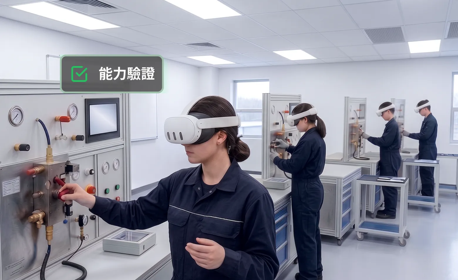一排穿著制服的技術人員配戴 VR 頭盔，整齊地在不同的實驗室機台前進行訓練。