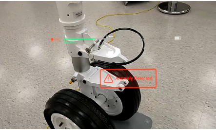 針對飛機起落架進行 AI 診斷，顯示關鍵組件的狀態警示