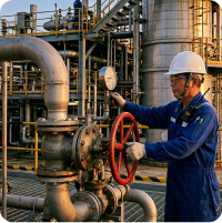 技術人員在大型戶外化工廠操作大型工業閥門