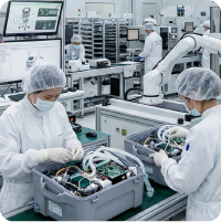 專業人員在無塵室環境中進行醫療零件的組裝與品檢