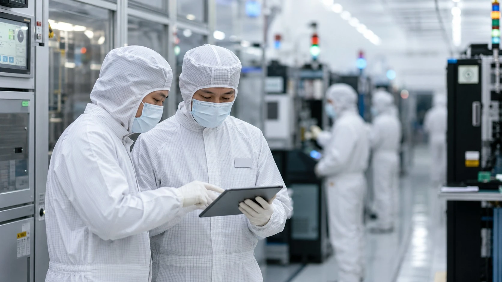 穿無塵衣工程師於半導體廠操作平板