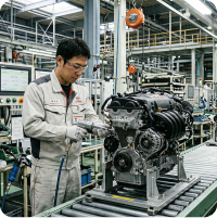 專業黑衣技術員在工廠組裝線裝配汽車引擎