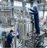 兩名穿著工作服的技術員在產線組裝醫療設備