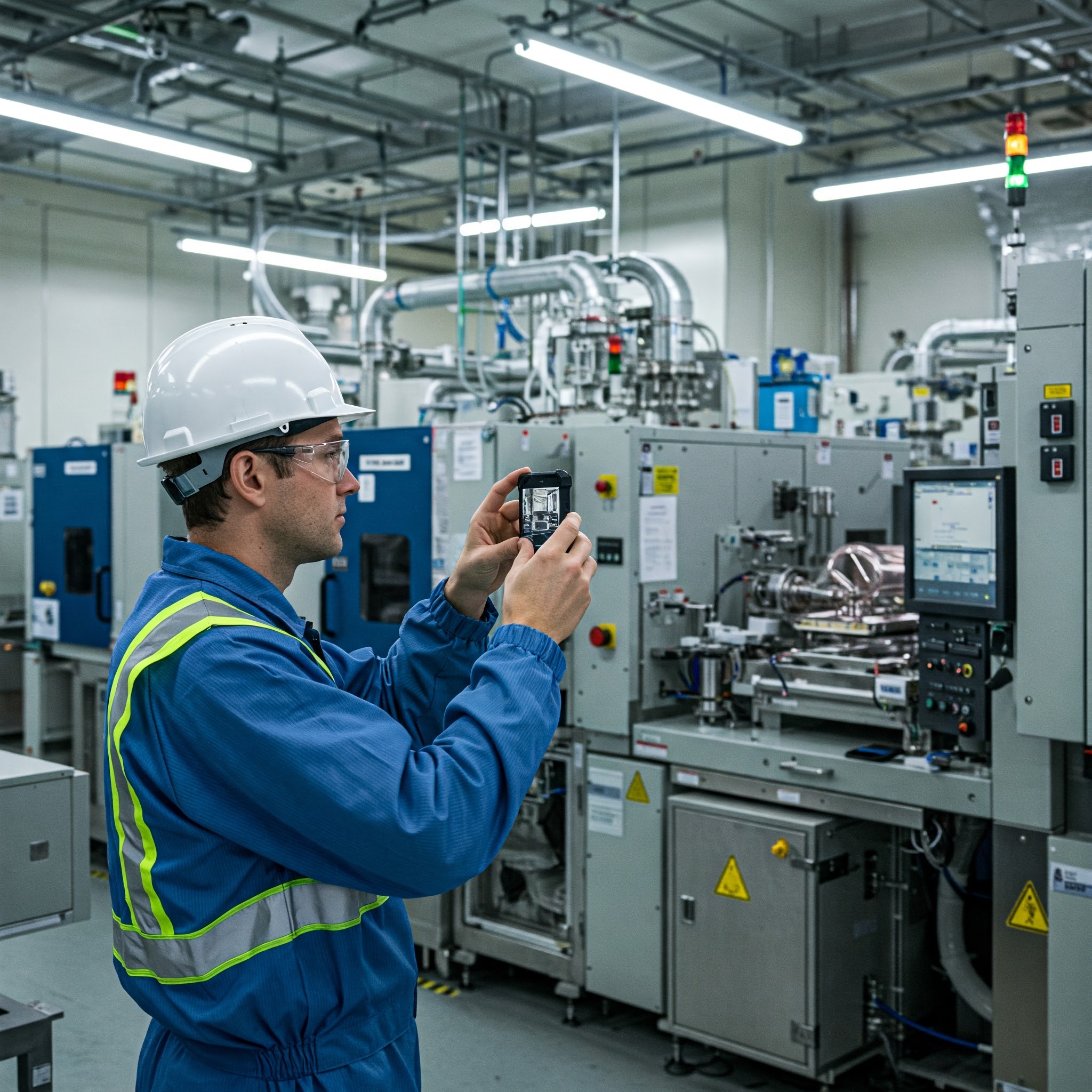 工程師在半導體無塵室操作精密自動化設備