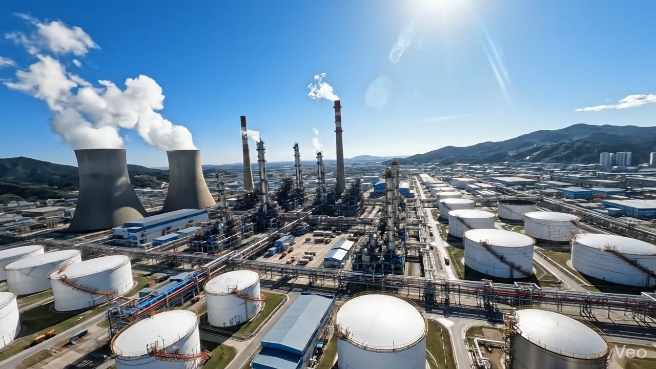 俯瞰石化廠大型儲油槽與複雜的工業管線系統