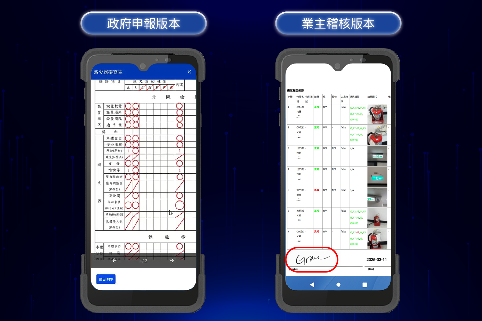 手機畫面展示政府申報版與業主稽核版兩種消防設備巡檢報告樣式